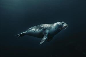 Ribbon seal swimming gracefully through dark Arctic waters with nature background photo