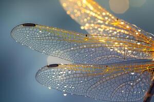 of sparkling dewdrops on wings of sleeping dragonfly photo