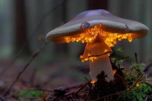 Tiny glowing crystals on the underside of mushroom cap in secluded forest glade photo