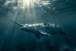 Narwhal pod swimming through crystalclear Arctic waters unicornlike tusks glinting in sunlight nature background photo