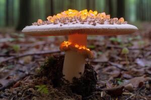 Tiny glowing crystals on the underside of mushroom cap in secluded forest glade photo