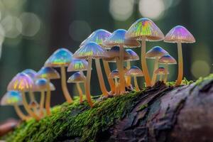 Tiny mushrooms with iridescent caps growing on mosscovered log in magical forest nature background photo