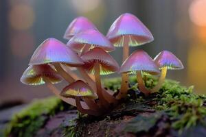 Tiny mushrooms with iridescent caps growing on mosscovered log in magical forest nature background photo