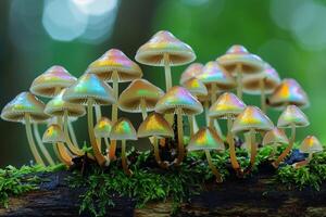 Tiny mushrooms with iridescent caps growing on mosscovered log in magical forest nature background photo