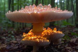 Tiny glowing crystals on the underside of mushroom cap in secluded forest glade photo