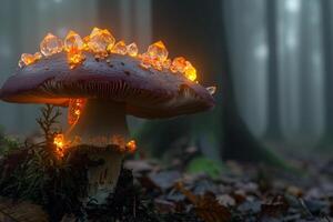 Tiny glowing crystals on the underside of mushroom cap in secluded forest glade photo