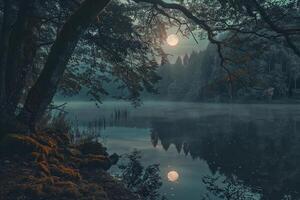 Enigmatic moonlight reflecting on a forest lake surrounded by ancient trees draped in moss nature background photo