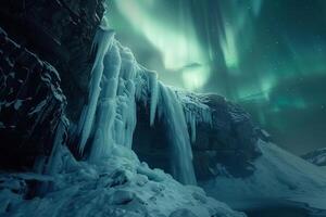 Enigmatic frozen waterfall cascading down icy cliffs under the aurora borealis nature background photo