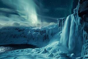 Enigmatic frozen waterfall cascading down icy cliffs under the aurora borealis nature background photo