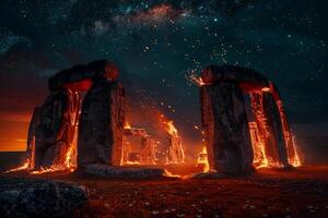 Enigmatic glowing red flames enveloping an ancient stone circle under starry sky nature background photo
