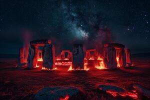 Enigmatic glowing red flames enveloping an ancient stone circle under starry sky nature background photo