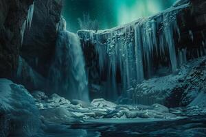 Enigmatic frozen waterfall cascading down icy cliffs under the shimmering lights of the aurora borealis nature background photo