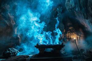 Enigmatic wisps of blue flames dancing over an altar in a hidden cavern casting eerie shadows nature background photo