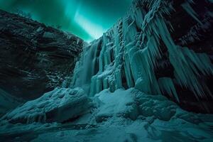 Enigmatic frozen waterfall cascading down icy cliffs under the shimmering lights of the aurora borealis nature background photo