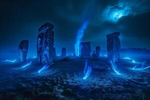 Enigmatic glowing blue flames encircling an ancient stone circle under misty moon nature background photo