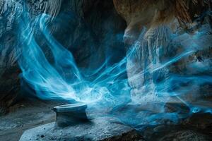 Enigmatic wisps of blue flames dancing over an altar in a hidden cavern casting eerie shadows nature background photo
