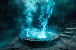 Enigmatic wisps of blue flames dancing over an altar in a hidden cavern casting eerie shadows nature background photo