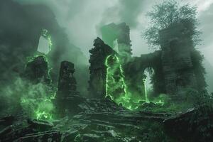 Enigmatic Glowing green flames flickering around ancient ruins in mist covered valley nature background photo