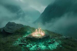 Enigmatic Glowing green flames encircling stone altar in fog covered valley nature background photo