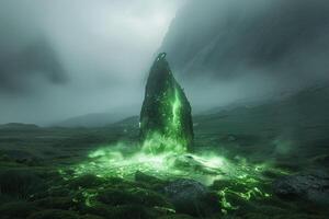 Enigmatic Glowing green flames encircling stone altar in fog covered valley nature background photo