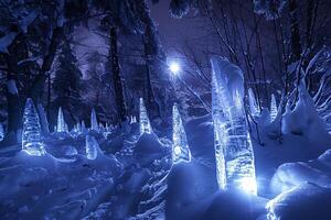 Enigmatic Glowing ice sculptures reflecting the moonlight in snowy grove nature background photo
