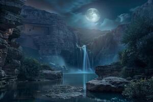 Enigmatic Moonlight Reflecting on Hidden Waterfall Cascading into Lagoon Surrounded by Ancient Ruins nature background photo