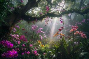 Enigmatic Enchanted Garden with Iridescent Orchids and Exotic Wildflowers Under Canopy of Ancient Trees nature background photo