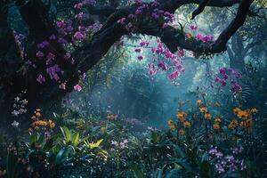 Enigmatic Enchanted Garden with Iridescent Orchids and Exotic Wildflowers Under Canopy of Ancient Trees nature background photo