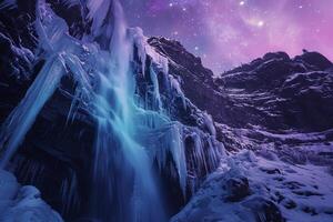 Enigmatic Frozen waterfall cascading down cliffside under the shimmering aurorborealis nature background photo