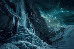Enigmatic Frozen Waterfall Cascading Down Icy Cliffs Under the Shimmering Lights of the AurorBorealis nature background photo