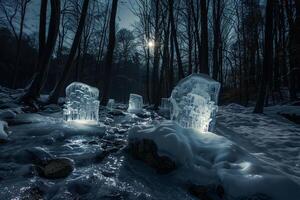 Enigmatic Glowing ice sculptures shimmering under the moonlight in frozen fairy tale forest nature background photo