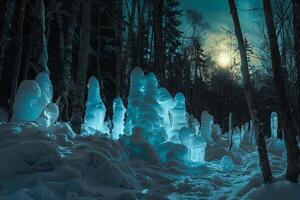Enigmatic Glowing ice sculptures shimmering under the moonlight in frozen fairy tale forest nature background photo