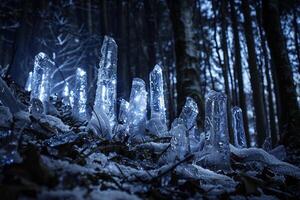 Enigmatic Glowing ice sculptures shimmering under the moonlight in frozen fairy tale forest nature background photo