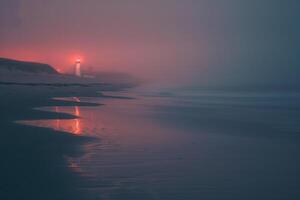 Enchantment Beach at twilight with  pastel hues reflecting in the water and distant lighthouse glowing nature background photo
