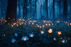 Enchanted Enchanted forest with bioluminescent wildflowers glowing ly in the twilight nature background photo
