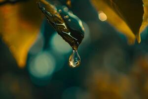 Nature of water droplet hanging from the edge of leaf refracting the surrounding garden in miniature with nature background photo