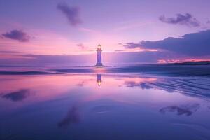 Enchantment Beach at twilight with  pastel hues reflecting in the water and distant lighthouse glowing nature background photo