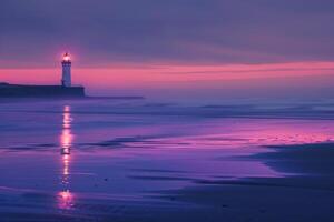 Enchantment Beach at twilight with  pastel hues reflecting in the water and distant lighthouse glowing nature background photo