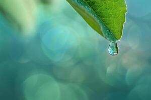 Nature of water droplet hanging from the edge of leaf refracting the surrounding garden in miniature with nature background photo