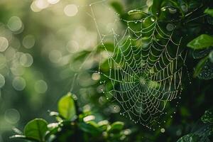 Dew covered spider web glistening in the early morning light intricate patterns highlighted against red nature background of green foliage photo