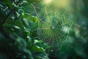 Dew covered spider web glistening in the early morning light intricate patterns highlighted against red nature background of green foliage photo
