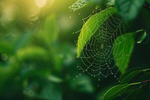 Dew covered spider web glistening in the early morning light intricate patterns highlighted against red nature background of green foliage photo