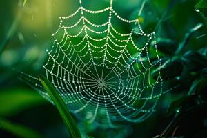 Dew covered spider web glistening in the early morning light intricate patterns highlighted against red nature background of green foliage photo