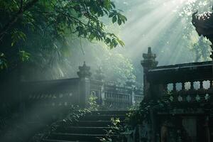 Sunlight filtering through mist shrouded leaves in secluded mountain temple garden with serene nature background photo