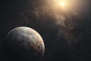 Space Exploration of ProximCentauri b an exoplanet orbiting the closest star to the Sun with potential for liquid water with cosmic nature background photo