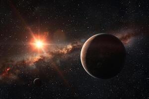 Space Exploration of ProximCentauri b an exoplanet orbiting the closest star to the Sun with potential for liquid water with cosmic nature background photo