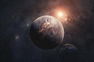 Space Exploration of ProximCentauri b an exoplanet orbiting the closest star to the Sun with potential for liquid water with cosmic nature background photo