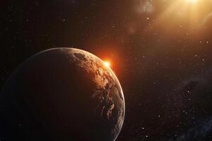 Space Exploration ofan exoplanet orbiting in the habitable zone of its star with potential for liquid water with cosmic nature background photo