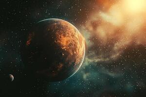 Space Exploration of Exoplanet orbiting distant star with its atmosphere glowing in ethereal colors with cosmic nature background photo