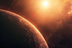 Space Exploration of one of the seven planets orbiting the ultracool dwarf star Trappist 1 with potential for liquid water with cosmic nature background photo